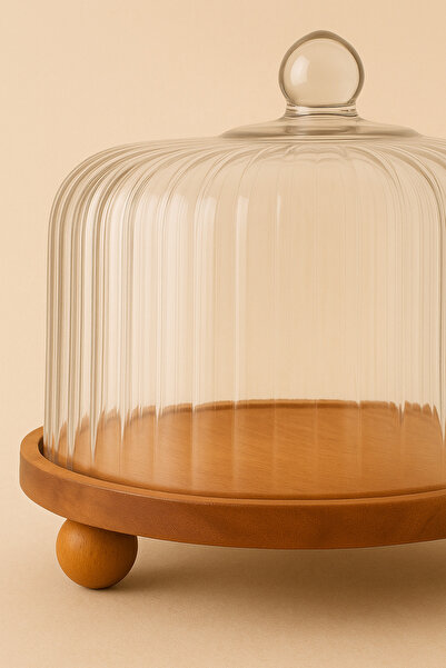 Mirilliahome Cake and Serving Plate with Acacia Base, Glass Dome and Wooden Legs