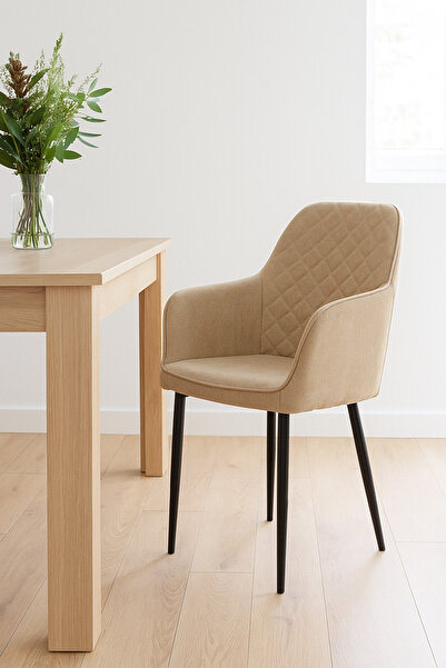 MARIA HOMES Beige Fabric Dining Chair – Modern Quilted Armchair with Black Me...