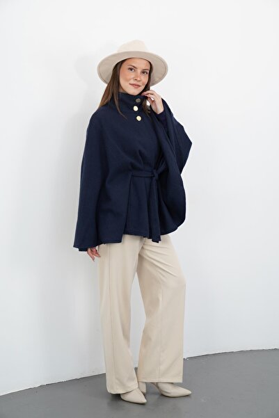 penyebizden Пальто з високим коміром і поясом - синє