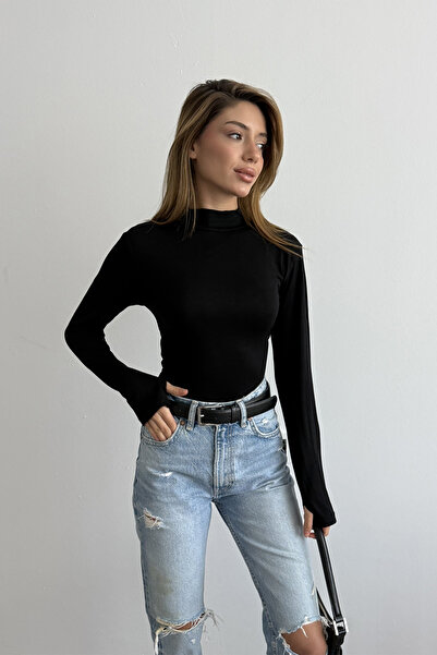 Sun Victoria Women's Turtleneck Finger Detail Finger-Looped Blouse