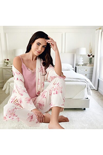 Pierre Cardin Pembe Çiçek Desenli Sabahlık & İp Askılı Atlet Bluz 3'lü Modal Pijama Takımı THLV0R85PC