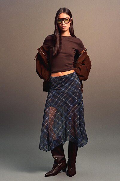 Bershka Asymmetric check midi skirt