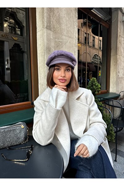 LAGRANZE Kadın Angora Baretta Fiyonklu Şapka