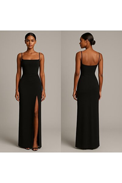 Nsb Tasarım Kadın Siyah Luxury İp Askı Uzun Yırtmaçlı Elbise