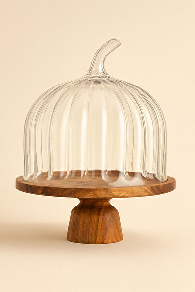Mirilliahome Cake and Serving Plate with Acacia Base, Glass Dome and Wooden Legs