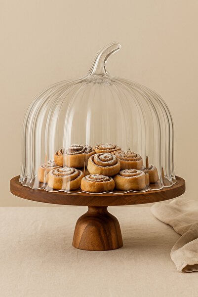 Mirilliahome Cake and Serving Plate with Acacia Base, Glass Dome and Wooden Legs