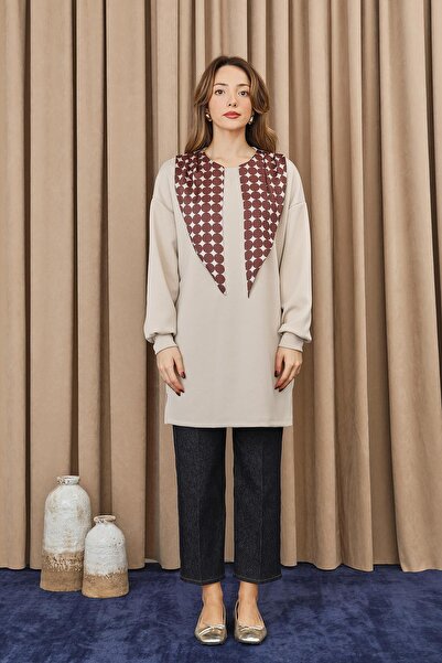 Puane Women's Polka Dot Detailed Basic Tunic - 10742Tun - Stone