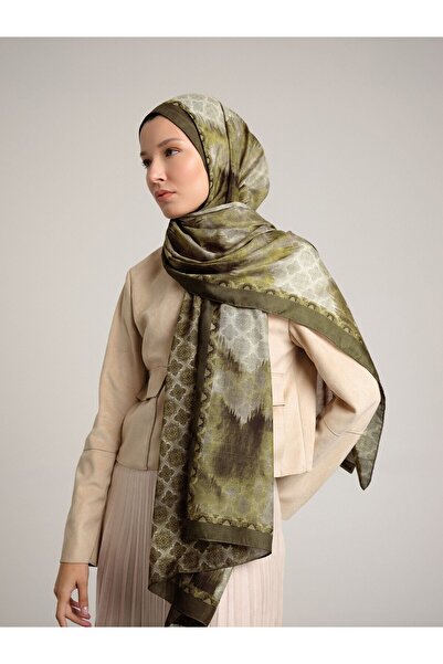 Ayshara Suyolu Etnik Desenli Çift Taraflı Şal - Zeytin Yeşil