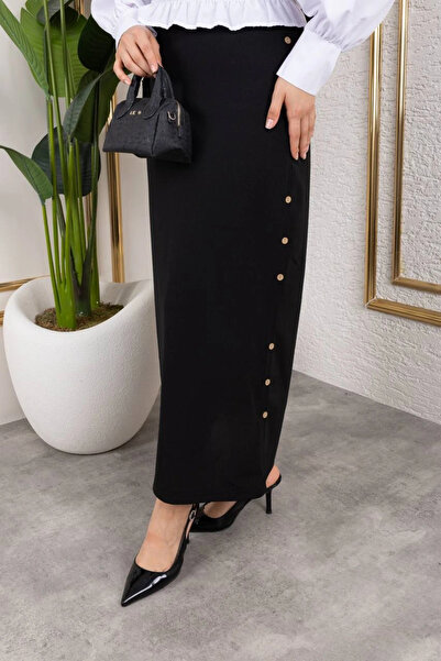 Nevayla Moda Scuba Fabric Button Detailed Skirt / Black - A106