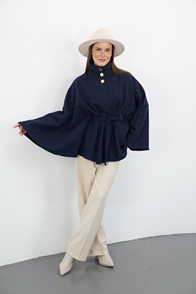 penyebizden Пальто з високим коміром і поясом - синє