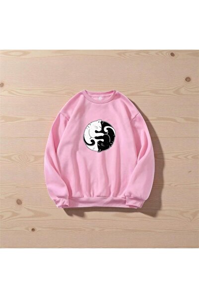 HerTarzınTrendi Ροζ φούτερ για τους λάτρεις της γάτας – Ασπρόμαυρο σχέδιο Γιν...