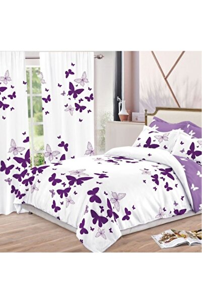 Casa de Vis Set lenjerie pat dublu, 8 piese, cu perdele, bumbac satinat, 220 ...