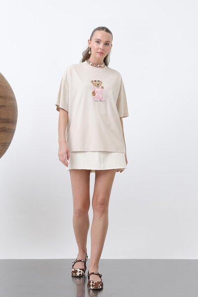 Soul تيشيرت نسائي بتطريز دمية دب -32256TSH - بيج