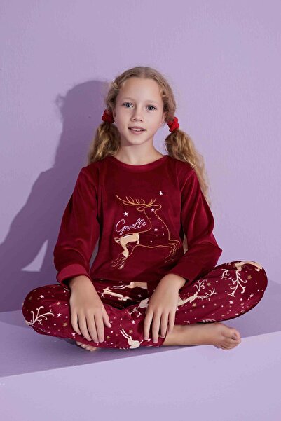 Tarık Women's 100% Cotton French Velvet Deer Embroidered Crew Neck Long Sleeve Pajama Set
