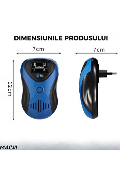 MACVI ® 4-in-1 Ultrasonic Pest Repeller, Rodents, Cockroaches, Insects, 100 m², Digital, Blue