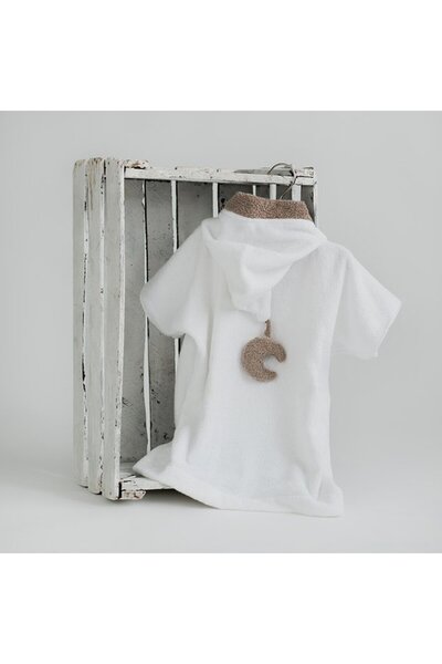 indiggo Παιδική Με κουκούλα Πόντσο με Κουκούλα Λευκή με Καφέ Φεγγάρι, Χειροποίητη, 100% Βαμβάκι, 1-4 Ετών