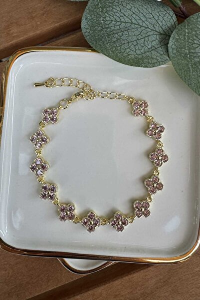 My Joyas Design Bronz Pembe Taşlı Yonca Bileklik Gold