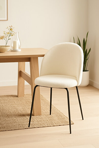 MARIA HOMES White Bouclé Dining Chair – Modern Upholstered Chair with Black M...