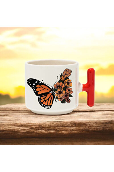 BB TRADE كوب سيراميك مطبوع بتصميم فراشة برتقالية مع مقبض أحمر 250 مل