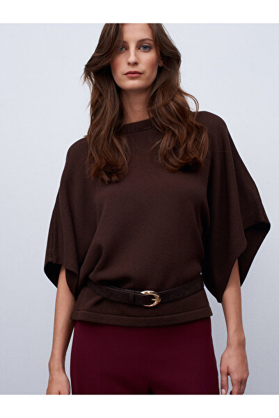 Dilvin 10835 guler rotund Pulover cu mâneci liliac-Maro