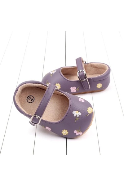 BebeNou Pantofi mov pentru copii mici cu flori brodate