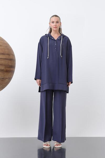 Puane Women's Front Snap and Drawstring Detailed Trouser Suit - 14319Tks - Navy