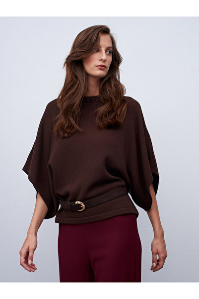 Dilvin 10835 Crew Neck Batwing Sleeve Sweater-Brown