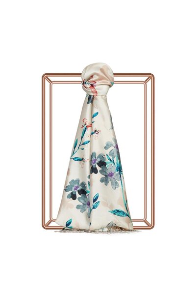 ipekevi Desenli İpek Şal - Yonca Bahçesi Desenli - Vizon