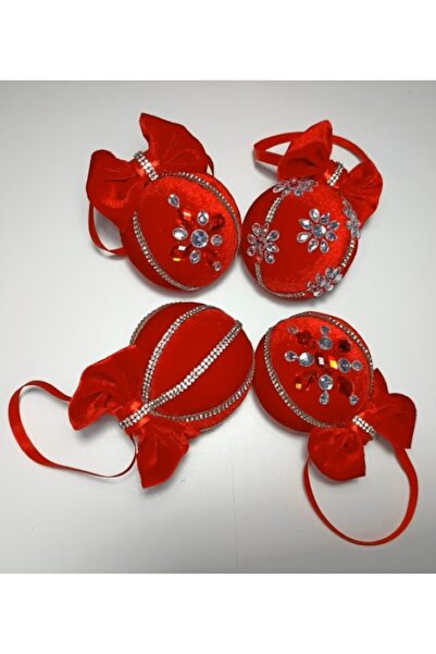 OEM Set 4 Globuri de Lux, Catifea cu Strasuri Aplicate, Hand Made, 7,5cm, Ros...