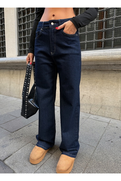 Lila Moda بنطلون جينز فضفاض بخصر مرتفع وساق واسعة قابل للغسل باللون الأزرق