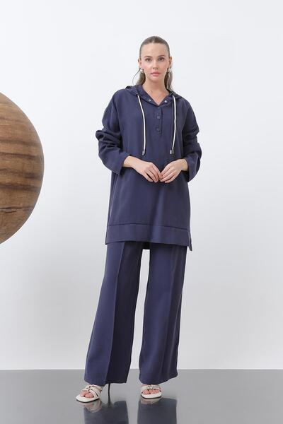 Puane Women's Front Snap and Drawstring Detailed Trouser Suit - 14319Tks - Navy