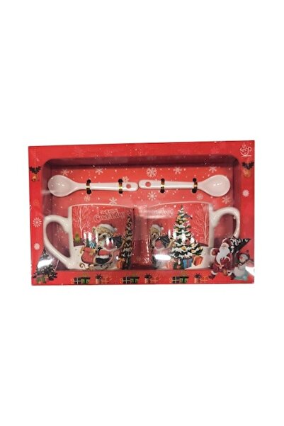 Clini Set de 2 căni ceramice cu linguriță în cutie cadou, design de Crăciun, 200 ml, 4X-0471