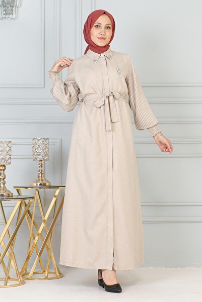 Missvalle Stone Detailed Zippered Ferace Beige 19208