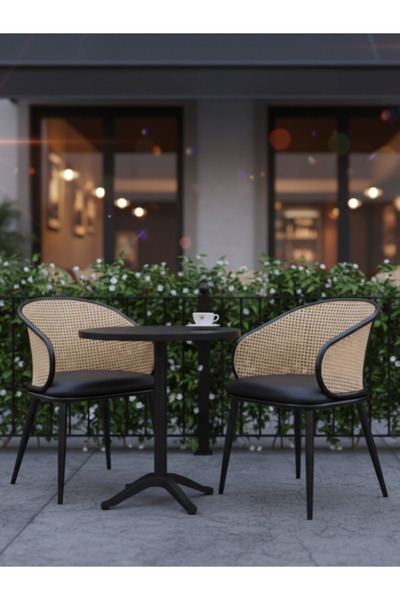 BEC13 مقعد طعام "الراتان والجلد" الفاخر - تصميم فرنسي حديث بإطار أسود أنيق