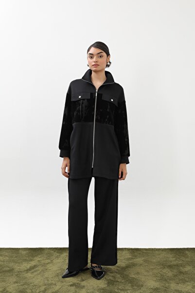 Puane Kadın Bedeni Ve Pantolon Yanları Flok Baskılı Fermuarlı Takım - 14400TKM - BLACK