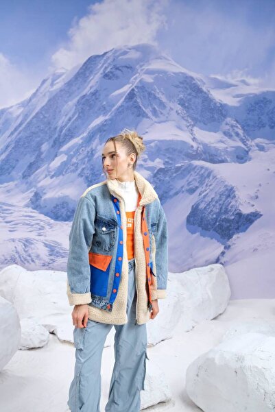 İLKCET MODA Denim Mix Oversized Women's Plush Coat