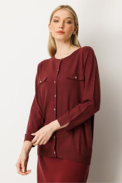Mutlu Ertan Women's Pocket Detailed Buttoned Knitwear Cardigan Claret Red 20228