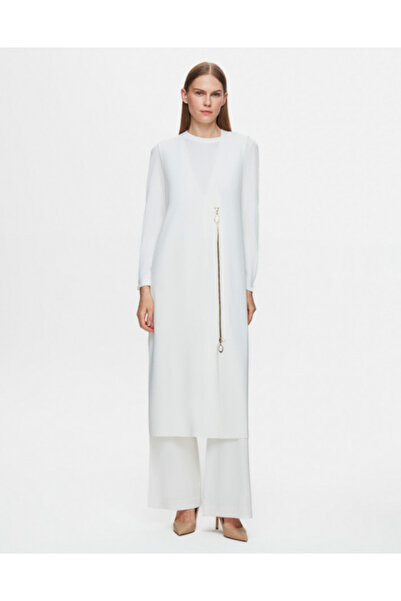 MISS DALIDA Bileği Fermuarlı Düz Renk Triko Ekru Tunik