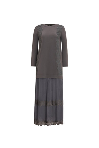 MISS DALIDA Dantel Detaylı Düz Renk Triko Antrasit Tunik