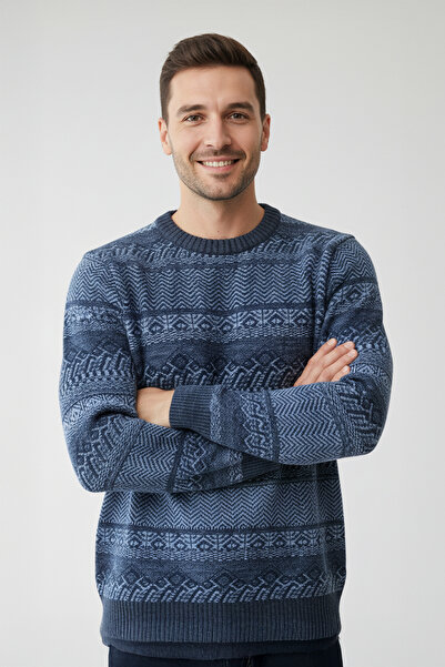 Pulltonic Erkek Bisiklet Yaka Desenli Kazak | %68 Kuzu Yünü