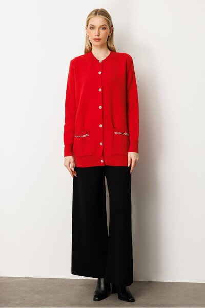 Mutlu Ertan Women's Stone Detailed Buttoned Pocket Cardigan Red 20243