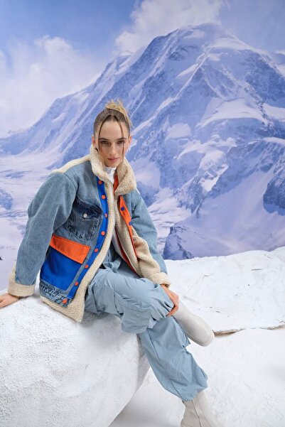 İLKCET MODA Denim Mix supradimensionat Palton de pluș pentru femei