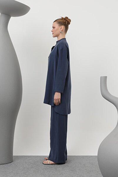 Puane Kadın Hakim Yaka Patı Çıtçıt Detaylı Pantolonlu Takım - 14309TKS - NAVY