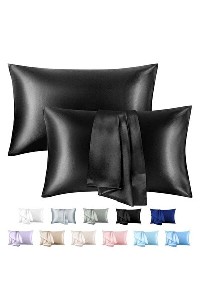 COOYA 2-Piece Simple Solid Colour Silk Satin Pillow Case with Envelope Closure for Hair and Skin Black