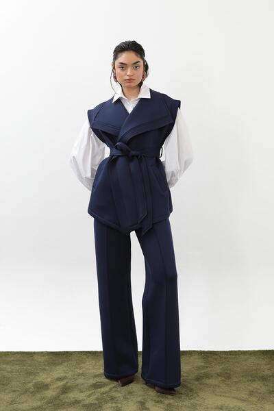 Puane Kadın Dikiş Detaylı Kuşaklı Scuba Yelek Takım - 14398TKM - NAVY