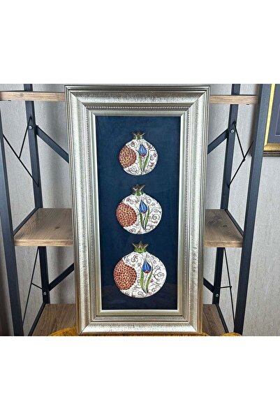 Çini Evi Kurumsal Hediye Mavi Laleli Üçlü İznik Çini Paspartulu Nar Pano