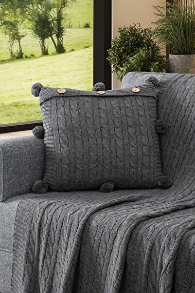 Sevim Комплект от 2 броя плетени възглавници с помпони и телевизионно одеяло - комплект шал за рамене и фотьойл - тъмно сиво