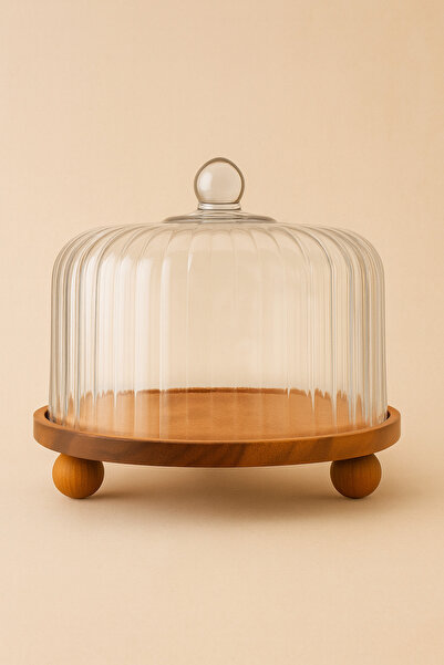 Mirilliahome Cake and Serving Plate with Acacia Base, Glass Dome and Wooden Legs