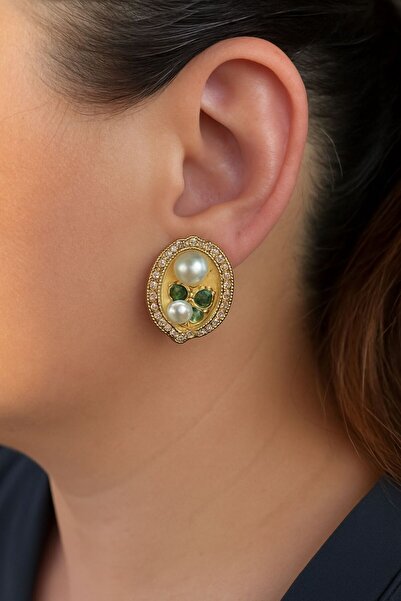 TURBİJ أقراط نسائية أنيقة بلون ذهبي مع تفاصيل اللؤلؤ والأحجار الكريمة الزمردية