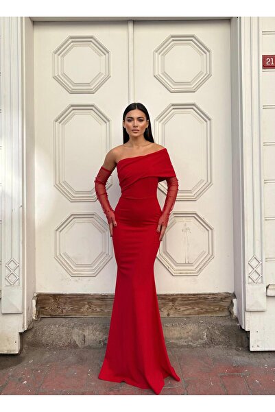 Modafeminen Crepe Flexible Fabric Sleeve Tulle Pearl Detail Evening Dress 583338 Red